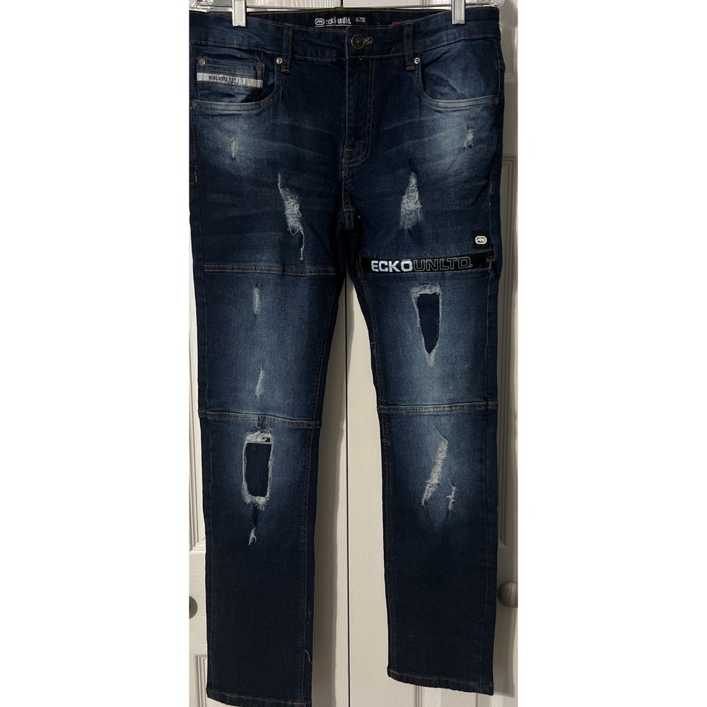 Ecko‎ Unltd Dark Wash Low Rise Men's Distressed Skinny Blue Jeans, Size 32x32 - Picture 11 of 12